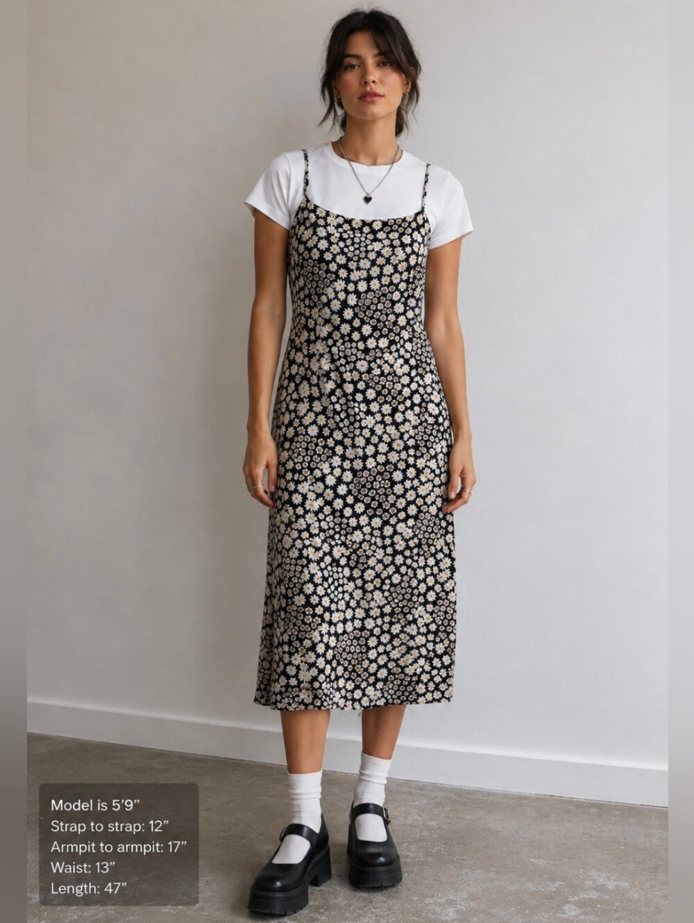 LUSH Y2K Black, White and Yellow Floral Print Whimsigoth Spaghetti Strap Dress M